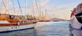 The marine harbor of Bodrum, Turkey. Scenic view of expensive yachts moored in Milta Marina. Closeup of boats and yachts