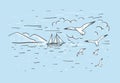 Marine horizontal sketch with hand drawn vector sailboat, mountains, clouds and seagulls on a blue background. Travel concept
