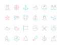 Marine icon collection. Nautical sea or ocean symbols fish boat map navy yacht captain cap vector colored pictures Royalty Free Stock Photo