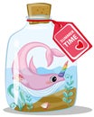 Marine illustrations. Little cute cartoon pink narwhal in bottles cartoon illustration for summer holidays