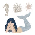 Marine illustrations. Reclining mermaid, isolated objects on white background. Vector.