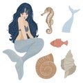 Marine illustrations. Seated mermaid, isolated objects on white background. Vector.