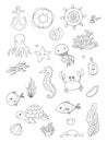 Marine illustrations set. Little cute cartoon funny fish, starfish, bottle with a note, algae, various shells and crab Royalty Free Stock Photo