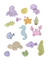 Marine illustrations set. Little cute cartoon funny fish, starfish, bottle with a note, algae, various shells and crab Royalty Free Stock Photo