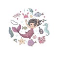 Marine illustrations set. Little cute cartoon mermaid Royalty Free Stock Photo