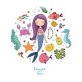 Marine illustrations set. Little cute cartoon mermaid Royalty Free Stock Photo