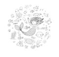 Marine illustrations set. Little cute cartoon mermaid Royalty Free Stock Photo