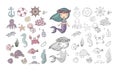 Marine illustrations set. Little cute cartoon mermaid Royalty Free Stock Photo