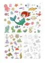 Marine illustrations set. Little cute cartoon mermaid Royalty Free Stock Photo