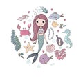 Marine illustrations set. Little cute cartoon mermaid, funny fish, starfish, bottle with a note, algae, various shells