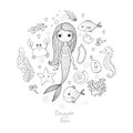 Marine illustrations set. Little cute cartoon mermaid, funny fish, starfish, bottle with a note, algae, various shells