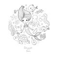 Marine illustrations set. Little cute cartoon mermaid, funny fish, starfish, bottle with a note, algae, various shells