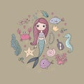 Marine illustrations set. Little cute cartoon mermaid, funny fish, starfish, bottle with a note, algae, various shells Royalty Free Stock Photo