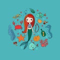 Marine illustrations set. Little cute cartoon mermaid, funny fish, starfish, bottle with a note, algae, various shells Royalty Free Stock Photo