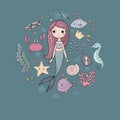Marine illustrations set. Little cute cartoon mermaid, funny fish, starfish, bottle with a note, algae, various shells Royalty Free Stock Photo