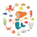 Marine illustrations set. Little cute cartoon mermaid, funny fish, starfish, bottle with a ship, algae, crab, seahorse Royalty Free Stock Photo