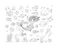 Marine illustrations set. Little cute cartoon mermaid