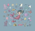 Marine illustrations set. Little cute cartoon mermaid Royalty Free Stock Photo