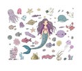 Marine illustrations set. Little cute cartoon mermaid Royalty Free Stock Photo