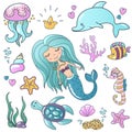 Marine illustrations set. Little cute cartoon mermaid siren, tropic fish, sea starfish, various shells, sea horse