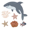 Marine illustrations set. Swimming shark and isolated objects on white background. Vector Royalty Free Stock Photo