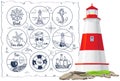 Marine inventory, lighthouse near nautical symbols. Summer adventure, vacation at sea concept Royalty Free Stock Photo