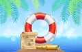 Marine inventory on tropical background. Lifebuoy, treasure map and spyglass, nautical design items Royalty Free Stock Photo