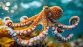 Marine invertebrate, cephalopod swimming near seaweed underwater