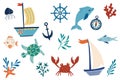 Marine items set. Ships, dolphins, algae, fish, crabs, anchor. Hand draw Marine decorative vector illustration. Sea collection