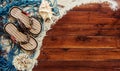 Marine items on wooden background. Sea objects - seashells, corals on wooden planks. Beach still life. Royalty Free Stock Photo