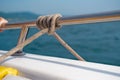 Marine knot detail on stainless steel boat railing banister Royalty Free Stock Photo