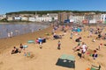 Marine lake beach Weston-super-Mare Somerset in summer sunshine with tourists and visitors Royalty Free Stock Photo