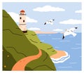 Marine landscape with lighthouse and sea gulls. Beacon tower on coast, seagulls, cliffs, sky and clouds. Summer maritime