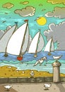 Marine landscape. seagulls in the foreground. in the background a regatta of sailing boats. cloudy sky. illustration