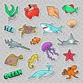 Marine Life Badges, Patches, Stickers with Fish Shark Turtle Octopus. Sea and Ocean Nature