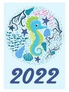 Marine life. calendar design template for 2022, A4 format. Week starts on Sunday. Whale, mermaid, snail, shark, crab Royalty Free Stock Photo