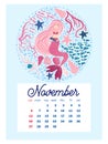 Marine life. calendar design template for 2022, A4 format. Week starts on Sunday. Whale, mermaid, snail, shark, crab Royalty Free Stock Photo