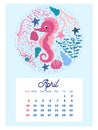 Marine life. calendar design template for 2022, A4 format. Week starts on Sunday. Whale, mermaid, snail, shark, crab Royalty Free Stock Photo