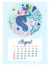 Marine life. calendar design template for 2022, A4 format. Week starts on Sunday. Whale, mermaid, snail, shark, crab Royalty Free Stock Photo