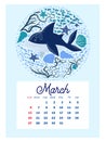 Marine life. calendar design template for 2022, A4 format. Week starts on Sunday. Whale, mermaid, snail, shark, crab Royalty Free Stock Photo