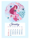 Marine life. calendar design template for 2022, A4 format. Week starts on Sunday. Whale, mermaid, snail, shark, crab Royalty Free Stock Photo