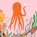 Marine life, cute octopus, fishes and corals, cartoon vector illustration