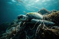 Marine life entangled or harmed by plastic waste in an underwater environment. Plastic pollution problem