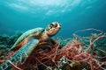 Marine life entangled or harmed by plastic waste in an underwater environment. Plastic pollution problem