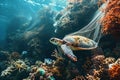 Marine life entangled or harmed by plastic waste in an underwater environment. Plastic pollution problem
