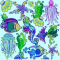 Marine Life Exotic Fishes & SeaHorses Ornamental Style Royalty Free Stock Photo