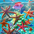 Marine life, fish, starfish. Background, desktop image. Summer desktop images.