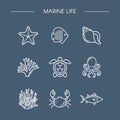 Marine Life Icons Set for Design. Linear Style Royalty Free Stock Photo