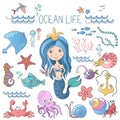 Marine life illustrations set. Little cute cartoon mermaid princess siren with sea ocean fishes and others animals.