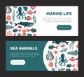 Marine life landing page templates set. Sea animals, underwater wild life horizontal web banners cartoon vector Royalty Free Stock Photo